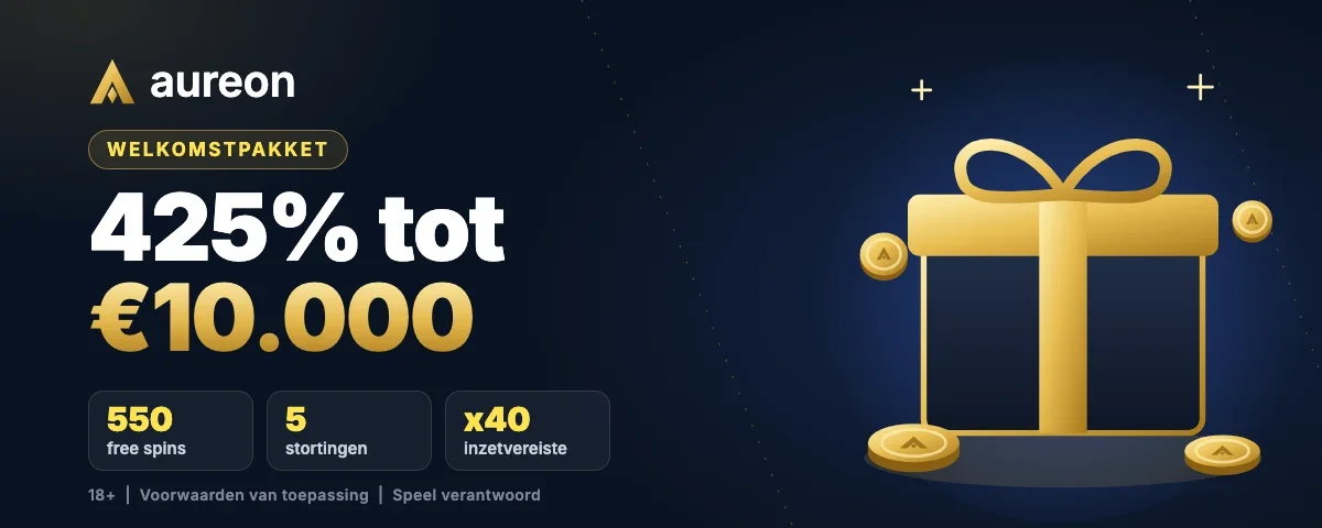 Aureonplay Casino welkomstpakket: 425% tot €10.000 en 550 free spins over 5 stortingen